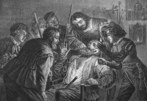 Medieval drawing of a dentist treating his patient
